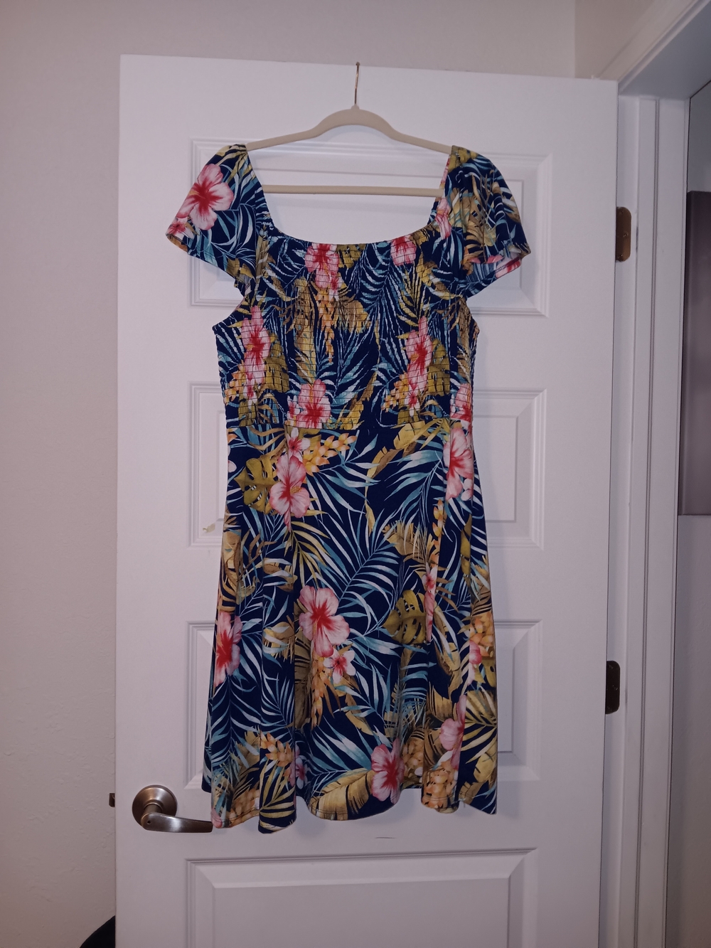 Navy Tropical Floral Square-Neck Mini Dress